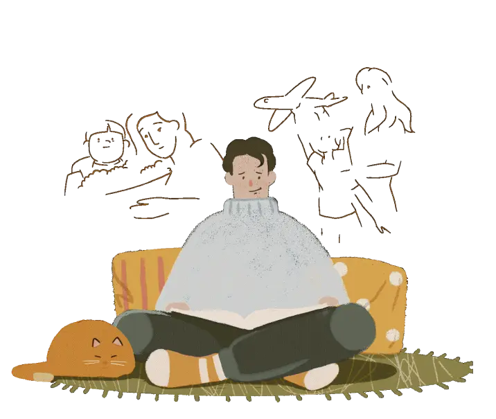 person with a book, memories floating around