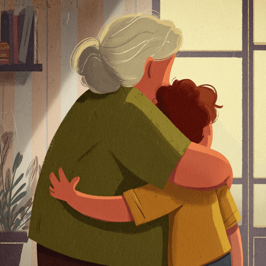 Бабуся обіймає онука